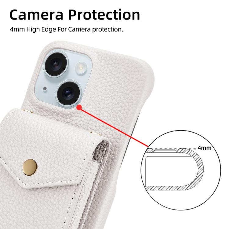 For iPhone 15 Litchi Texture Vertical Card Bag Holder Phone Case with Long Lanyard(White) - iPhone 15 Cases by buy2fix | Online Shopping UK | buy2fix