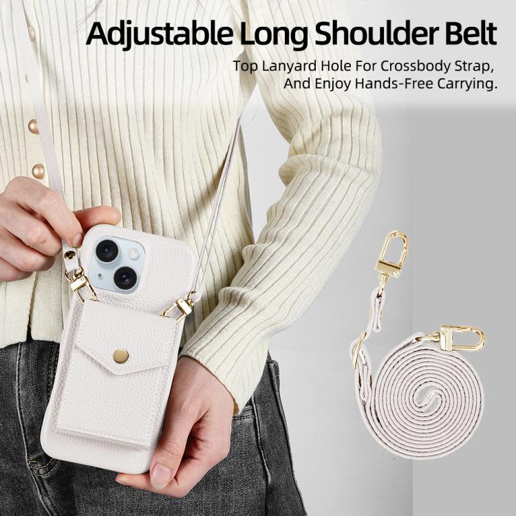 For iPhone 15 Litchi Texture Vertical Card Bag Holder Phone Case with Long Lanyard(White) - iPhone 15 Cases by buy2fix | Online Shopping UK | buy2fix
