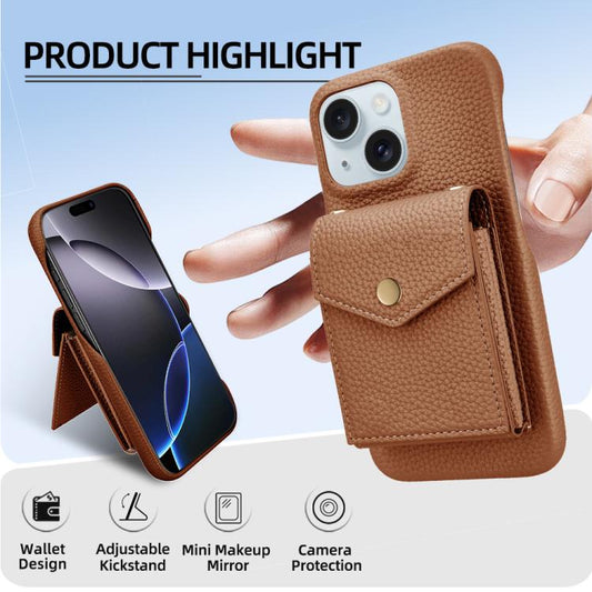 For iPhone 14 / 13 Litchi Texture Vertical Card Bag Holder Phone Case with Long Lanyard(Brown) - iPhone 14 Cases by buy2fix | Online Shopping UK | buy2fix