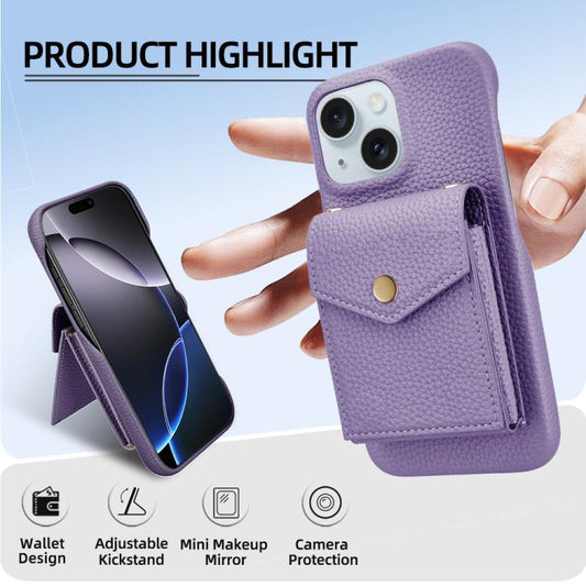 For iPhone 14 / 13 Litchi Texture Vertical Card Bag Holder Phone Case with Long Lanyard(Purple) - iPhone 14 Cases by buy2fix | Online Shopping UK | buy2fix