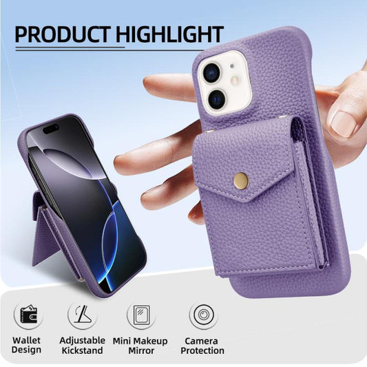 For iPhone 12 / 12 Pro Litchi Texture Vertical Card Bag Holder Phone Case with Long Lanyard(Purple) - iPhone 12 / 12 Pro Cases by buy2fix | Online Shopping UK | buy2fix