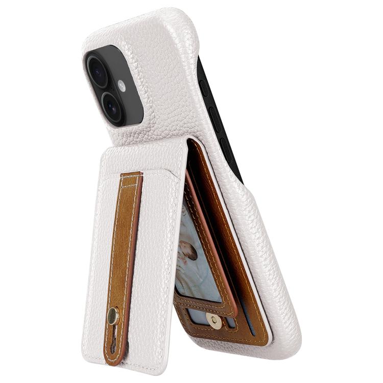 For iPhone 16 Plus Litchi Texture Leather Ring Card Bag Holder Phone Case(White) - iPhone 16 Plus Cases by buy2fix | Online Shopping UK | buy2fix
