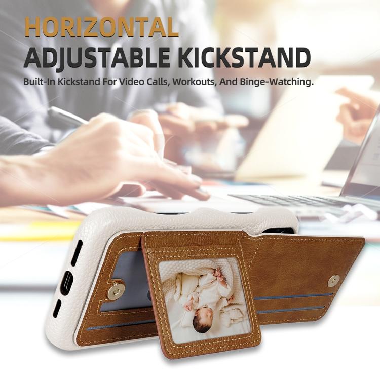 For iPhone 16 Plus Litchi Texture Leather Ring Card Bag Holder Phone Case(White) - iPhone 16 Plus Cases by buy2fix | Online Shopping UK | buy2fix