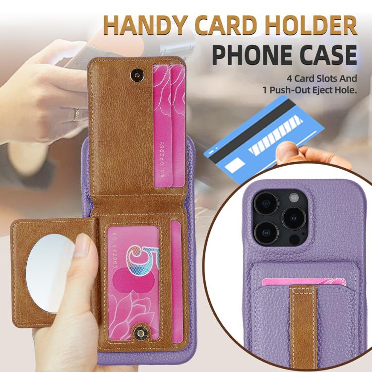For iPhone 15 Litchi Texture Leather Ring Card Bag Holder Phone Case(Purple) - iPhone 15 Cases by buy2fix | Online Shopping UK | buy2fix