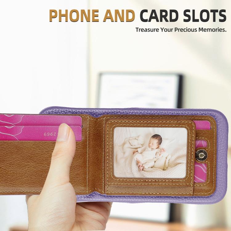 For iPhone 15 Litchi Texture Leather Ring Card Bag Holder Phone Case(Purple) - iPhone 15 Cases by buy2fix | Online Shopping UK | buy2fix