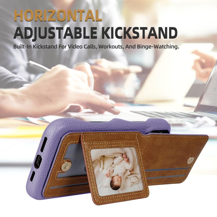 For iPhone 15 Litchi Texture Leather Ring Card Bag Holder Phone Case(Purple) - iPhone 15 Cases by buy2fix | Online Shopping UK | buy2fix