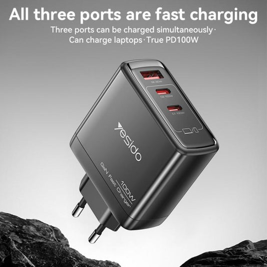 Yesido YC142 PD100W 2 USB-C , USB-A Three Ports GaN Fast Charger, Plug:EU Plug(Black) - USB Charger by Yesido | Online Shopping UK | buy2fix
