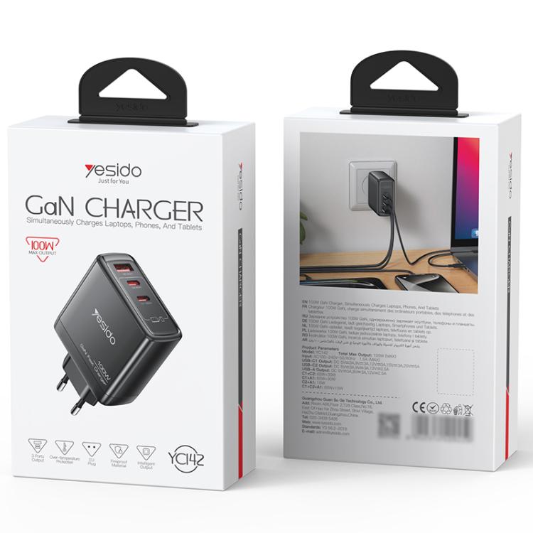 Yesido YC142 PD100W 2 USB-C , USB-A Three Ports GaN Fast Charger, Plug:EU Plug(Black) - USB Charger by Yesido | Online Shopping UK | buy2fix