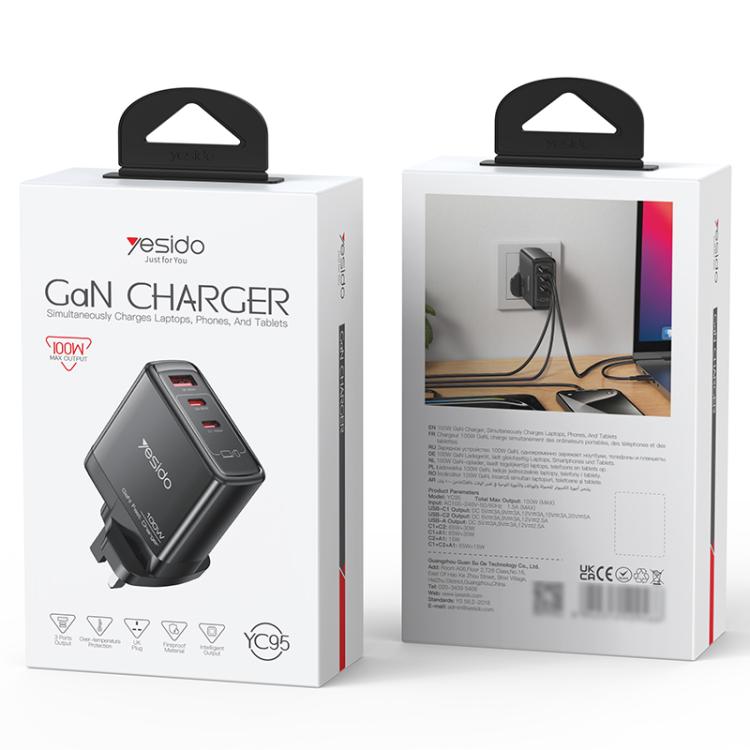 Yesido YC95 PD100W 2 USB-C , USB-A Three Ports GaN Fast Charger, Plug:UK Plug(Black) - USB Charger by Yesido | Online Shopping UK | buy2fix