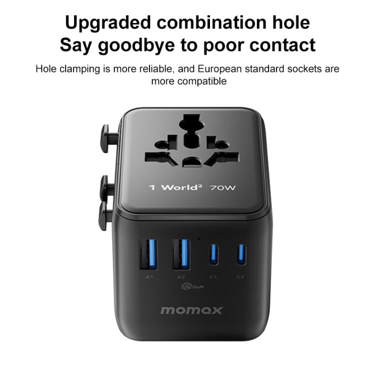 MOMAX UA22 1-World2 70W Dual AC Mini GaN Global Travel Fast Charging Socket(Black) - Plug Adaptor by MOMAX | Online Shopping UK | buy2fix