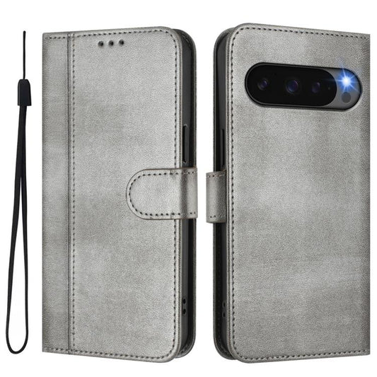 For Google Pixel 9 Pro XL / Pixel 10 Pro XL Line Splicing Buckle Retro Leather Phone Case(Grey) - Google Cases by buy2fix | Online Shopping UK | buy2fix
