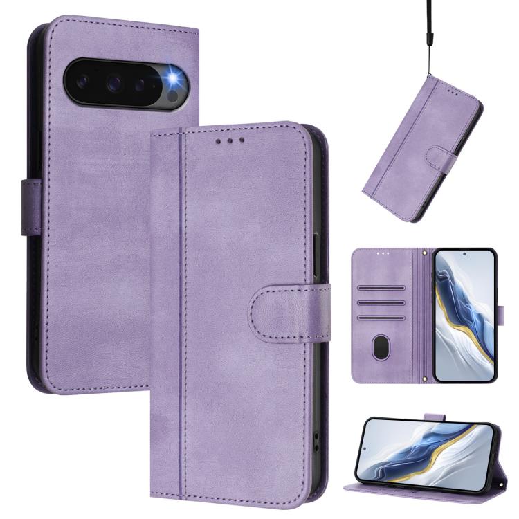 For Google Pixel 9 Pro XL / Pixel 10 Pro XL Line Splicing Buckle Retro Leather Phone Case(Purple) - Google Cases by buy2fix | Online Shopping UK | buy2fix