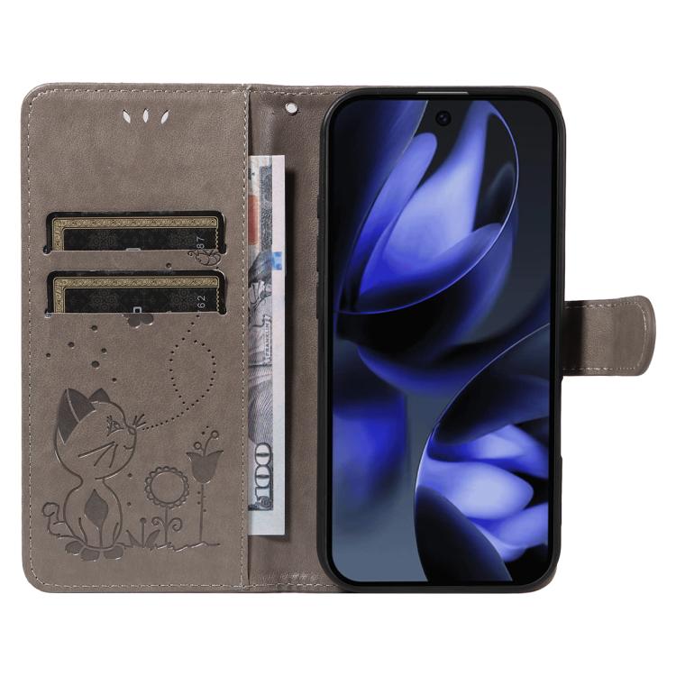 For Google Pixel 10 / 10 Pro Global Cat and Bee Embossed Flip Leather Phone Case(Grey) - Google Cases by buy2fix | Online Shopping UK | buy2fix