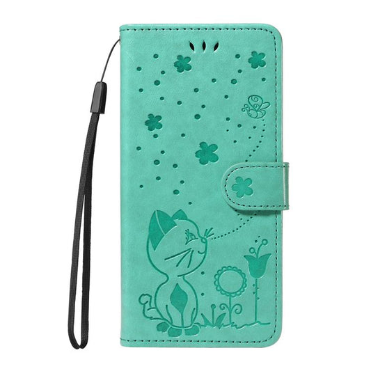 For Google Pixel 10 / 10 Pro Global Cat and Bee Embossed Flip Leather Phone Case(Green) - Google Cases by buy2fix | Online Shopping UK | buy2fix