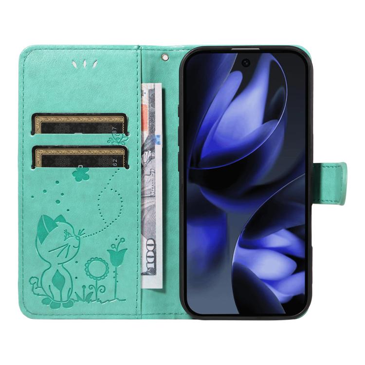 For Google Pixel 10 / 10 Pro Global Cat and Bee Embossed Flip Leather Phone Case(Green) - Google Cases by buy2fix | Online Shopping UK | buy2fix