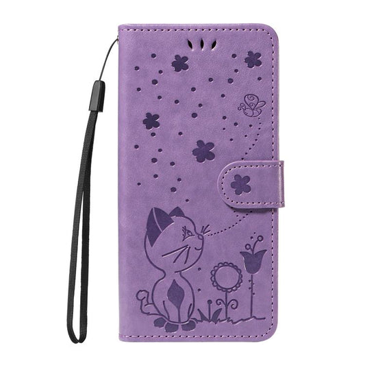 For Google Pixel 10 Pro XL 5G Global Cat and Bee Embossed Flip Leather Phone Case(Purple) - Google Cases by buy2fix | Online Shopping UK | buy2fix
