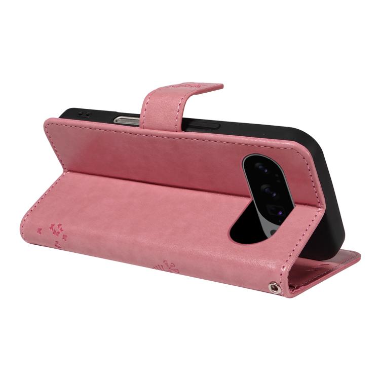 For Google Pixel 10 5G / 10 Pro 5G Global Tree & Cat Embossed Pattern Flip Leather Phone Case(Pink) - Google Cases by buy2fix | Online Shopping UK | buy2fix