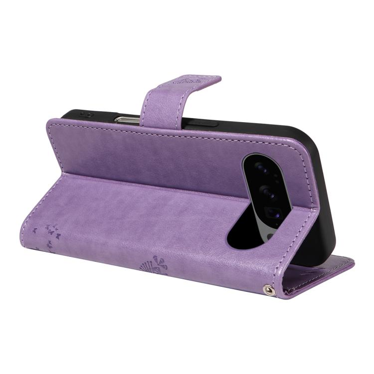 For Google Pixel 10 5G / 10 Pro 5G Global Tree & Cat Embossed Pattern Flip Leather Phone Case(Light Purple) - Google Cases by buy2fix | Online Shopping UK | buy2fix