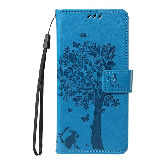For Google Pixel 10 5G / 10 Pro 5G Global Tree & Cat Embossed Pattern Flip Leather Phone Case(Blue) - Google Cases by buy2fix | Online Shopping UK | buy2fix