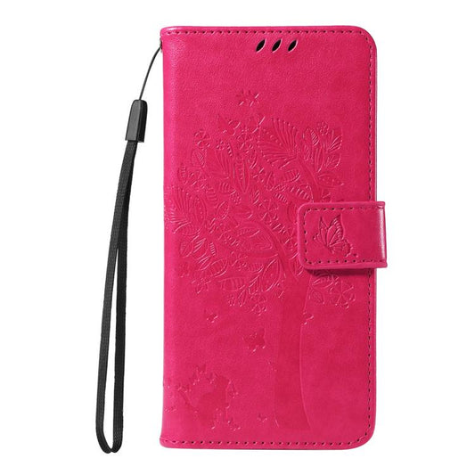 For Google Pixel 10 5G / 10 Pro 5G Global Tree & Cat Embossed Pattern Flip Leather Phone Case(Rose Red) - Google Cases by buy2fix | Online Shopping UK | buy2fix