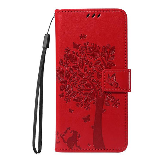 For Google Pixel 10 5G / 10 Pro 5G Global Tree & Cat Embossed Pattern Flip Leather Phone Case(Red) - Google Cases by buy2fix | Online Shopping UK | buy2fix