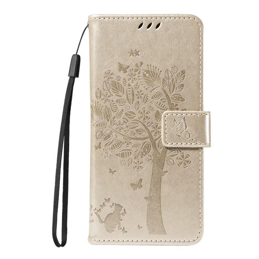 For Google Pixel 10 5G / 10 Pro 5G Global Tree & Cat Embossed Pattern Flip Leather Phone Case(Gold) - Google Cases by buy2fix | Online Shopping UK | buy2fix
