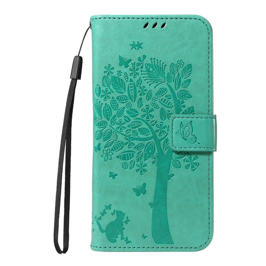 For Google Pixel 10 Pro XL 5G Global Tree & Cat Embossed Pattern Flip Leather Phone Case(Green) - Google Cases by buy2fix | Online Shopping UK | buy2fix