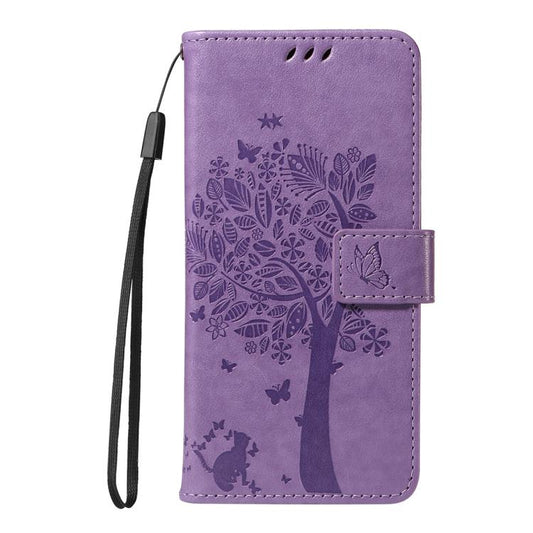 For Google Pixel 10 Pro XL 5G Global Tree & Cat Embossed Pattern Flip Leather Phone Case(Light Purple) - Google Cases by buy2fix | Online Shopping UK | buy2fix
