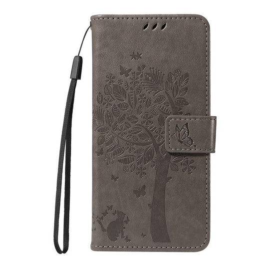 For Google Pixel 10 Pro XL 5G Global Tree & Cat Embossed Pattern Flip Leather Phone Case(Grey) - Google Cases by buy2fix | Online Shopping UK | buy2fix