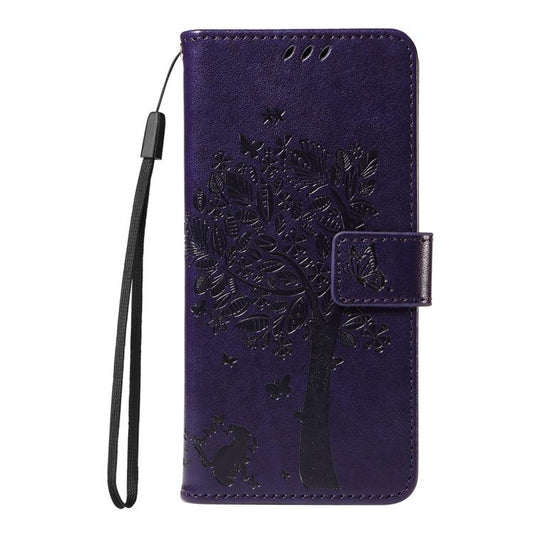 For Google Pixel 10 Pro XL 5G Global Tree & Cat Embossed Pattern Flip Leather Phone Case(Purple) - Google Cases by buy2fix | Online Shopping UK | buy2fix