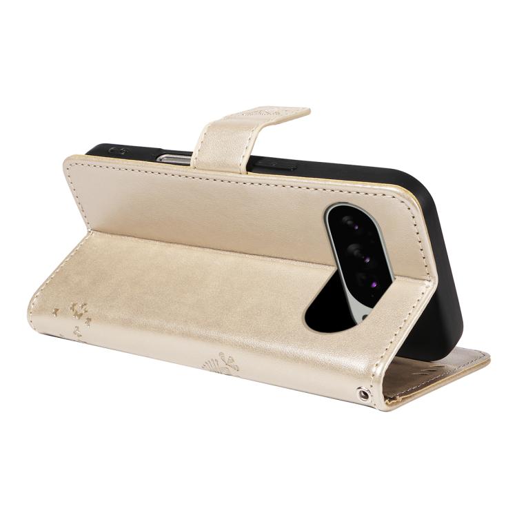 For Google Pixel 10 Pro XL 5G Global Tree & Cat Embossed Pattern Flip Leather Phone Case(Gold) - Google Cases by buy2fix | Online Shopping UK | buy2fix