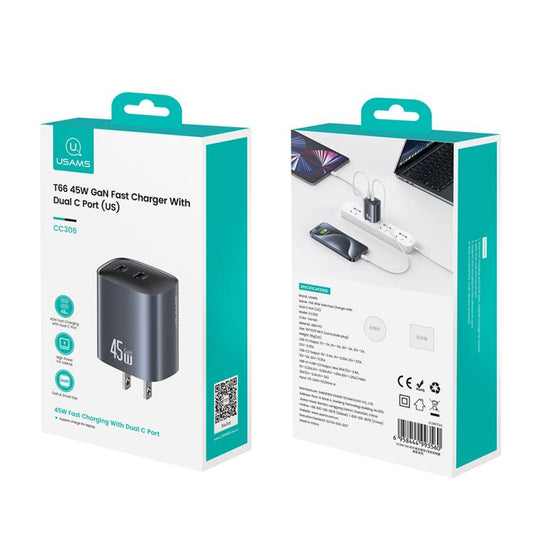 USAMS CC306 T66 45W Dual USB-C / Type-C GaN Fast Charger, US Plug(Gunmetal) - USB Charger by USAMS | Online Shopping UK | buy2fix