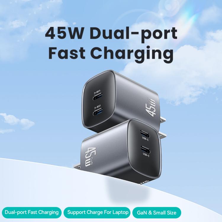 USAMS CC306 T66 45W Dual USB-C / Type-C GaN Fast Charger, US Plug(Gunmetal) - USB Charger by USAMS | Online Shopping UK | buy2fix