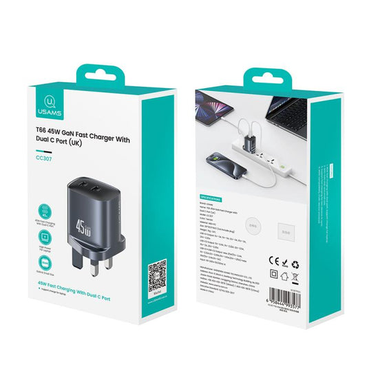 USAMS CC307 T66 45W Dual USB-C / Type-C GaN Fast Charger, UK Plug(Gunmetal) - USB Charger by USAMS | Online Shopping UK | buy2fix