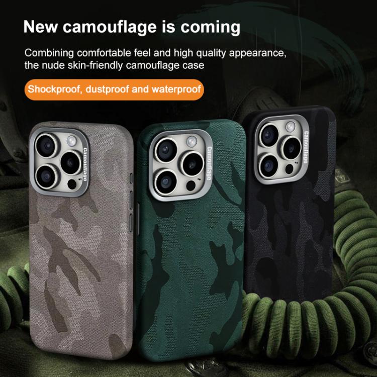 For iPhone 14 Camouflage Leather Metal Frame MagSafe PC Phone Case(Army Green) - iPhone 14 Cases by buy2fix | Online Shopping UK | buy2fix