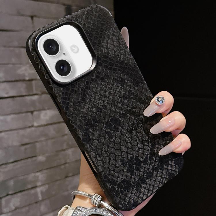 For iPhone 16 Plain Leather Snake Texture PC MagSafe Phone Case(Black) - iPhone 16 Cases by buy2fix | Online Shopping UK | buy2fix