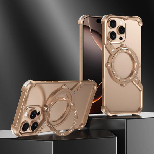 For iPhone 13 S Shaped 360 Holder Airbag Frameless MagSafe Metal Phone Case(Desert Gold) - iPhone 13 Cases by buy2fix | Online Shopping UK | buy2fix