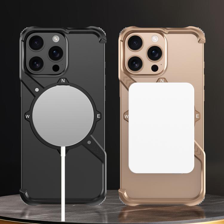 For iPhone 16e S Shaped 360 Holder Airbag Frameless MagSafe Metal Phone Case(Desert Gold) - iPhone 16e Cases by buy2fix | Online Shopping UK | buy2fix