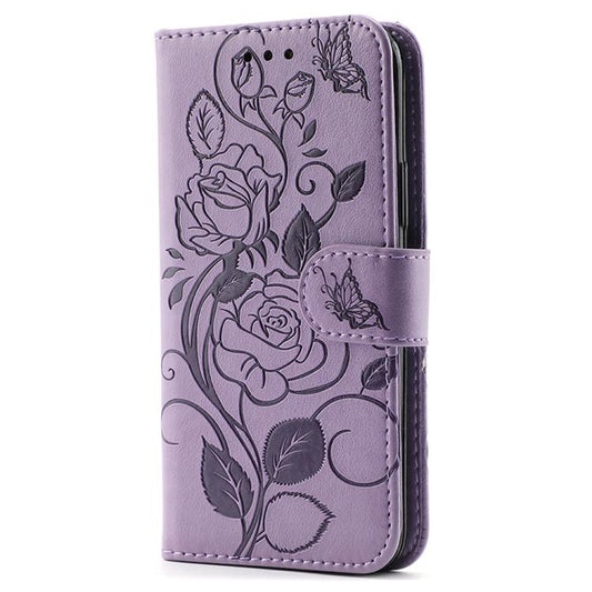 For Google Pixel 10 Pro XL Rose Butterfly Embossed Leather Phone Case(Purple) - Google Cases by buy2fix | Online Shopping UK | buy2fix