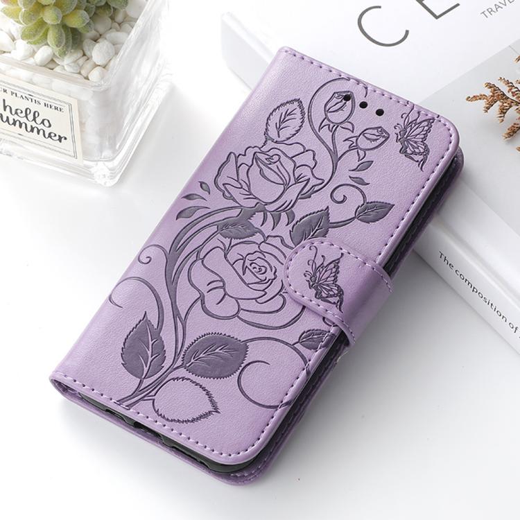 For Google Pixel 10 Pro XL Rose Butterfly Embossed Leather Phone Case(Purple) - Google Cases by buy2fix | Online Shopping UK | buy2fix