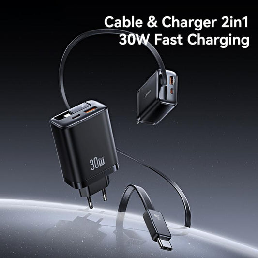 USAMS CC296 30W Fast Charger With Retractable USB-C / Type-C Cable, EU Plug(Black) - USB Charger by USAMS | Online Shopping UK | buy2fix