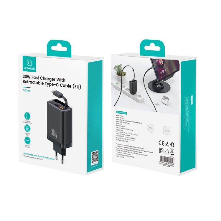 USAMS CC296 30W Fast Charger With Retractable USB-C / Type-C Cable, EU Plug(White) - USB Charger by USAMS | Online Shopping UK | buy2fix
