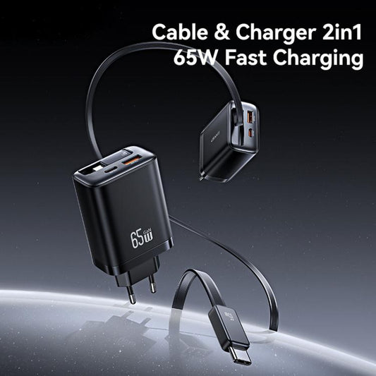 USAMS CC299 65W Fast Charger With Retractable USB-C / Type-C Cable, EU Plug(White) - USB Charger by USAMS | Online Shopping UK | buy2fix