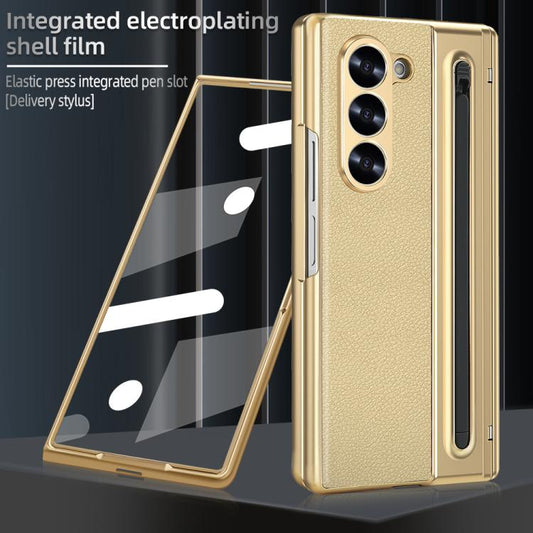 For Samsung Galaxy Z Fold6 5G VIETAO Electroplating Integrated Pen Slot Folding PU Phone Case with Stylus(Gold) - Galaxy Z Fold6 5G Cases by VIETAO | Online Shopping UK | buy2fix