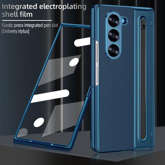 For Samsung Galaxy Z Fold5 5G VIETAO Electroplating Integrated Pen Slot Folding PU Phone Case with Stylus(Blue) - Galaxy Z Fold5 Cases by VIETAO | Online Shopping UK | buy2fix