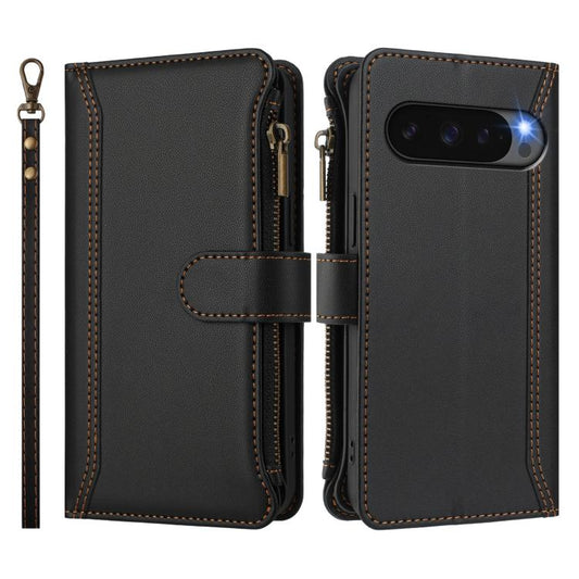 For Google Pixel 10 5G Global Magnetic Closure 9 Card Slots Zipper Leather Case with Hand Strap(Black) - Google Cases by buy2fix | Online Shopping UK | buy2fix