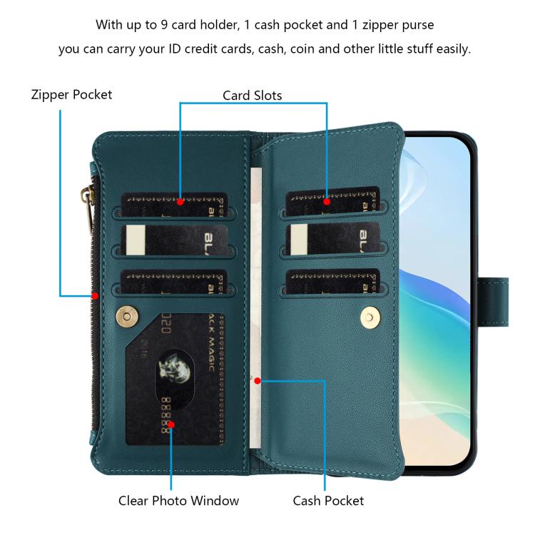 For Google Pixel 10 5G Global Magnetic Closure 9 Card Slots Zipper Leather Case with Hand Strap(Dark Green) - Google Cases by buy2fix | Online Shopping UK | buy2fix