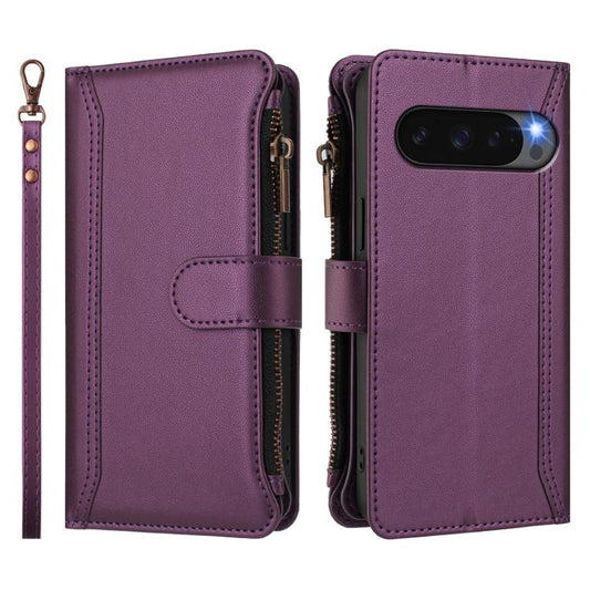 For Google Pixel 10 5G Global Magnetic Closure 9 Card Slots Zipper Leather Case with Hand Strap(Purple) - Google Cases by buy2fix | Online Shopping UK | buy2fix