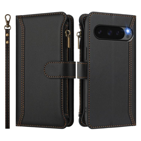 For Google Pixel 10 Pro XL 5G Magnetic Closure 9 Card Slots Zipper Leather Case with Hand Strap(Black) - Google Cases by buy2fix | Online Shopping UK | buy2fix