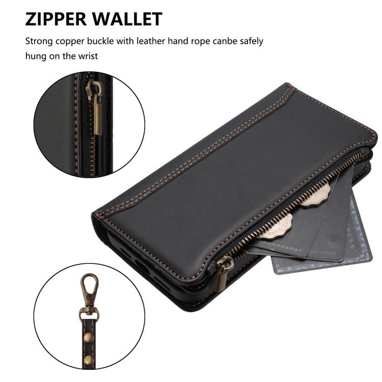 For Google Pixel 10 Pro XL 5G Magnetic Closure 9 Card Slots Zipper Leather Case with Hand Strap(Black) - Google Cases by buy2fix | Online Shopping UK | buy2fix